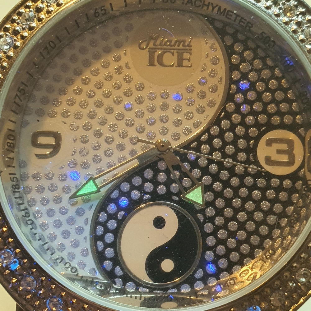 Miami Ice Silver Diamond Leather Yin Yang Men's Watch - Picture 3 of 5